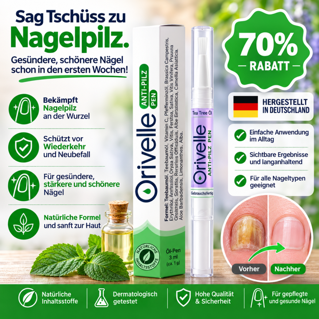 Orivelle Anti-Pilz Pen zur direkten Behandlung von Nagelpilz an der Wurzel. Das Banner zeigt ein Vorher-Nachher-Bild der Heilung, 70% Rabatt und das Siegel 'Hergestellt in Deutschland'